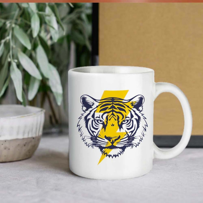 Tailorly White Ceramic 11 oz Mug - Fierce Wild Striped Head With A Vibrant Yellow Lightning Bolt Tiger