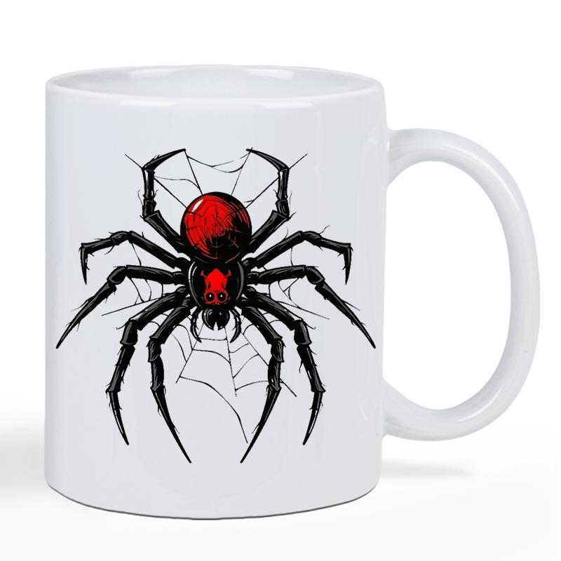 Tailorly White Ceramic 11 oz Mug - Intricate Black Web With Detailed Red Abdomen Crawling Venomous Spider