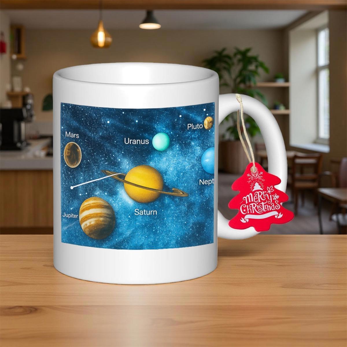 Tailorly White Ceramic 11 oz Mug - Saturn Jupiter Uranus Pluto Neptune Vibrant Celestial Planets Floating Within A Deep Blue Galactic Nebula Universe Planet