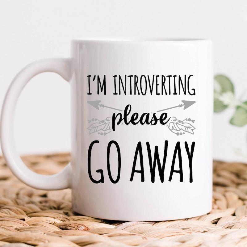 Tailorly White Ceramic 11 oz Mug - Im Introverting Please Go Away Elegant Script Font Between Two Symmetrical Minimalist Arrows Mug