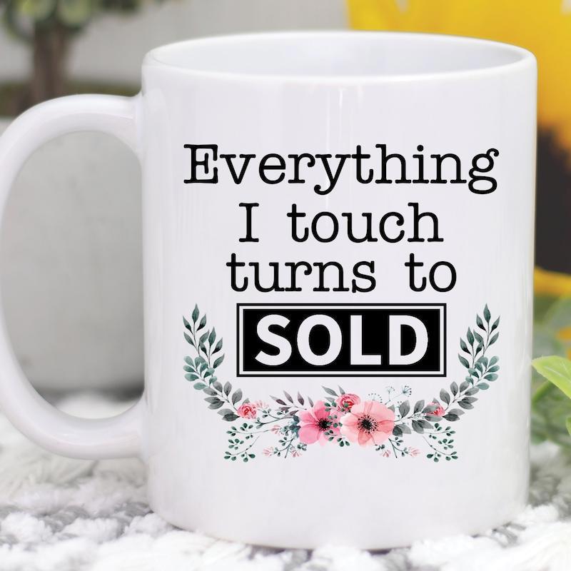 Tailorly White Ceramic 11 oz Mug - Everything I Touch Turns To SOLD Elegant Pink Blossoms Arranged In A Decorative Green Leaf Wreath