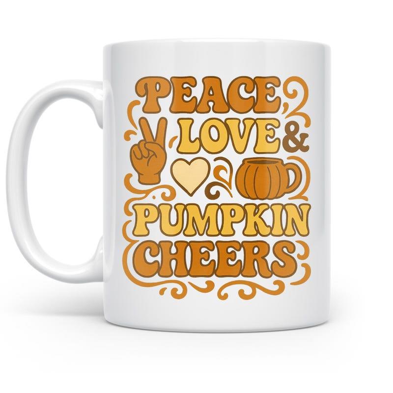 Tailorly White Ceramic 11 oz Mug - Peace Love Pumpkin Cheers Retro Style Peace Sign Heart And Seasonal Autumn Harvest Pumpkin Mug