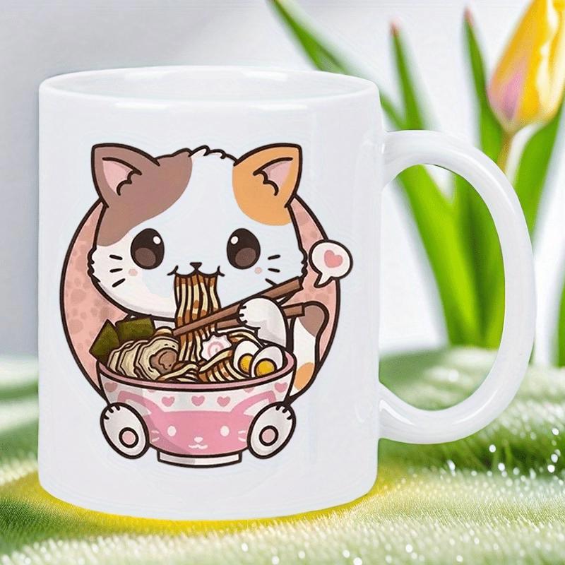 Tailorly White Ceramic 11 oz Mug - Cute Calico Feline Eating Ramen From Pink Bowl With Wooden Chopsticks Cat