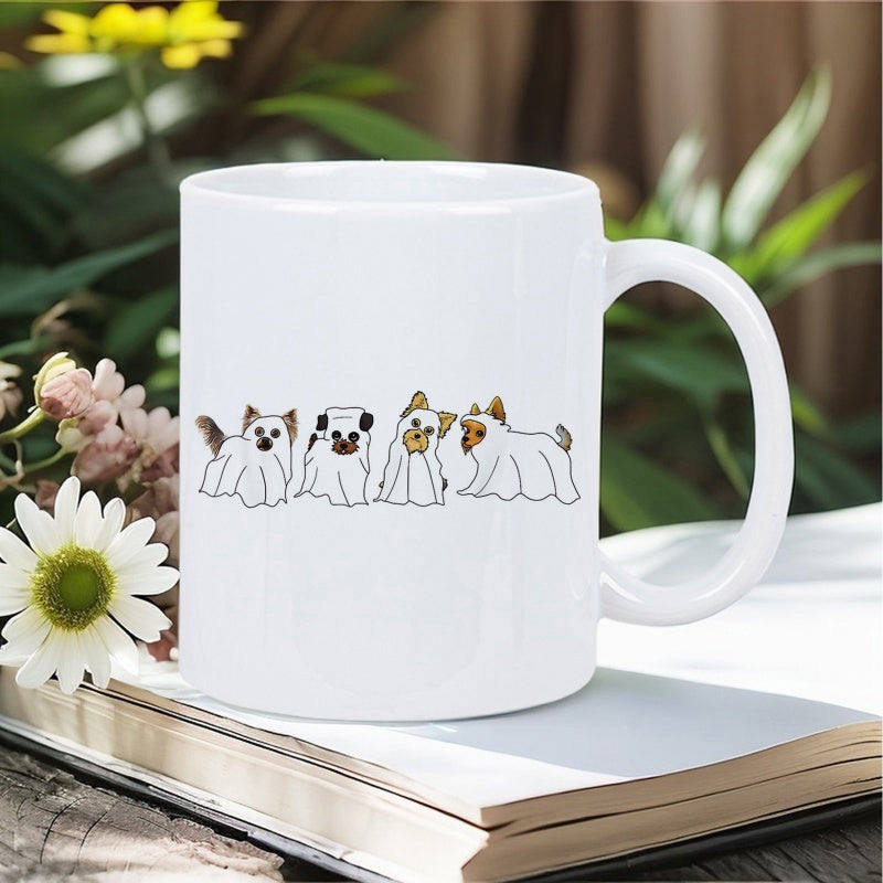 Tailorly White Ceramic 11 oz Mug - Four Cute Small Puppies Wearing White Sheets For Halloween Spooky Dogs