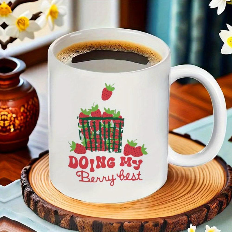 Tailorly White Ceramic 11 oz Mug - Doing My Berry Best Fresh Red Strawberries Piled Inside A Green Plaid Patterned Basket Strawberry