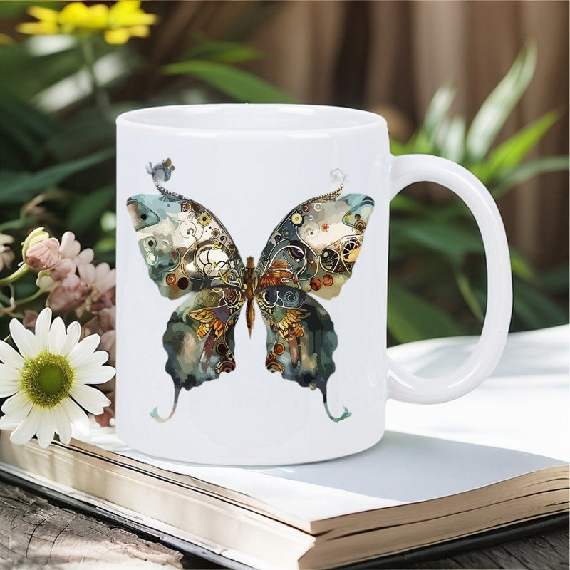 Tailorly White Ceramic 11 oz Mug - Intricate Steampunk Wings With Clockwork Gears And Vintage Industrial Elements Butterfly