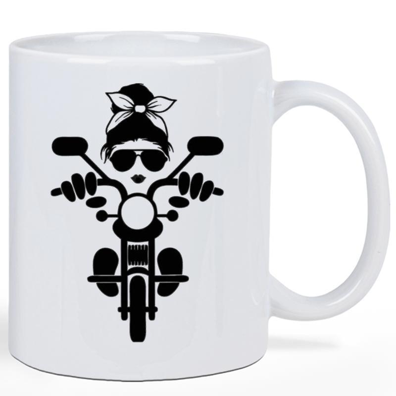 Tailorly White Ceramic 11 oz Mug - Biker Woman With Messy Bun And Bow Riding A Classic Vintage Motorcycle