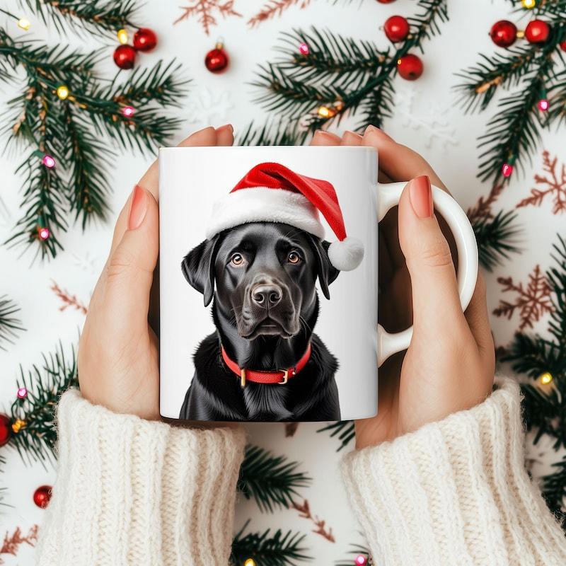 Tailorly White Ceramic 11 oz Mug - Festive Portrait Of A Black Dog Wearing A Red Santa Hat Labrador