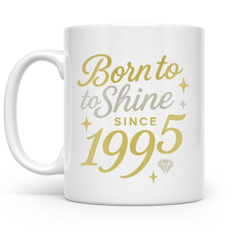 Tailorly White Ceramic 11 oz Mug - Born To Shine Since 1995 Golden Elegant Script With Sparkling Stars And A Small Polished Diamond Mug