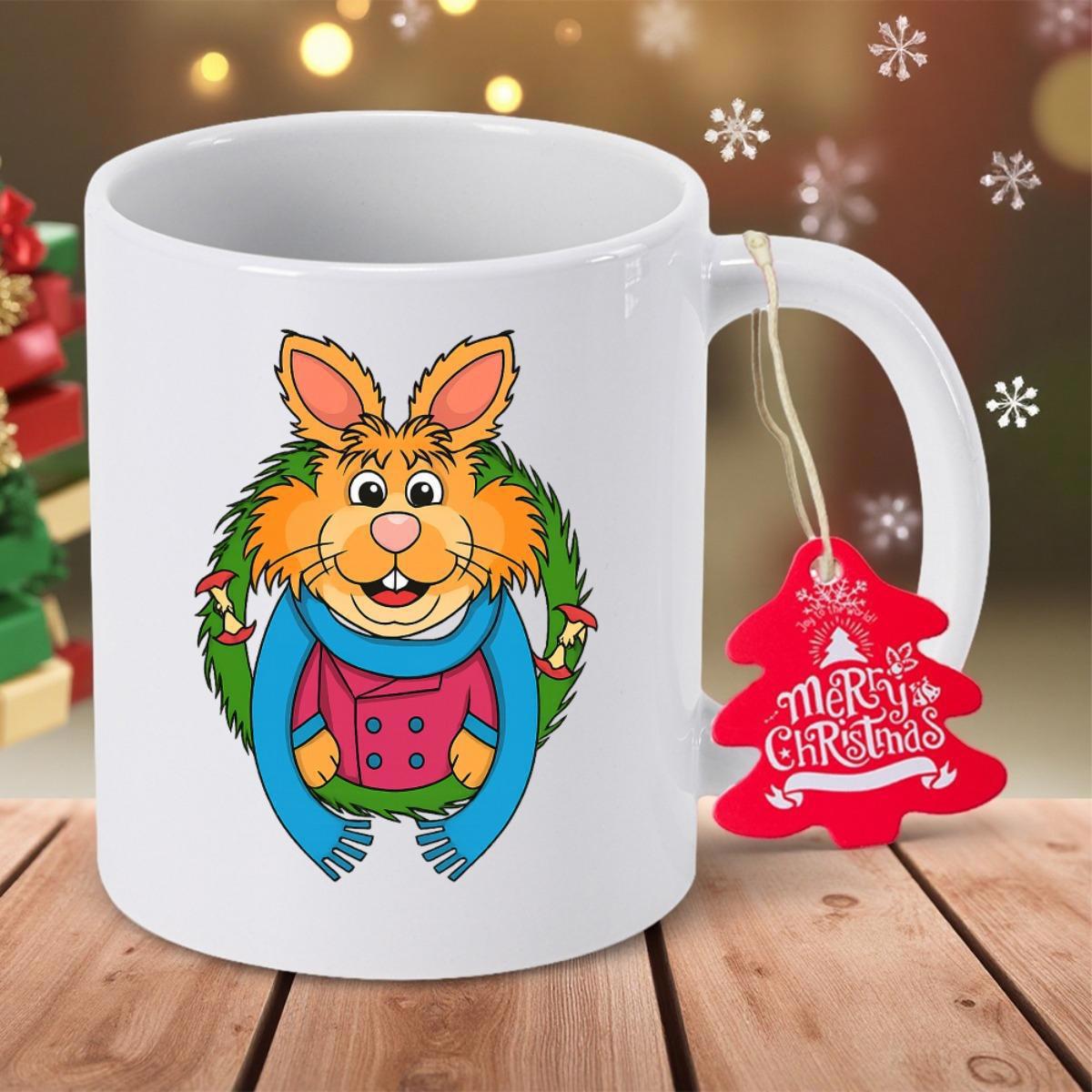 Tailorly White Ceramic 11 oz Mug - Merry Christmas Festive Orange Bunny Wearing Blue Scarf And Green Wreath Rabbit