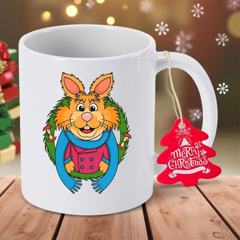 Tailorly White Ceramic 11 oz Mug - Merry Christmas Festive Orange Bunny Wearing Blue Scarf And Green Wreath Rabbit