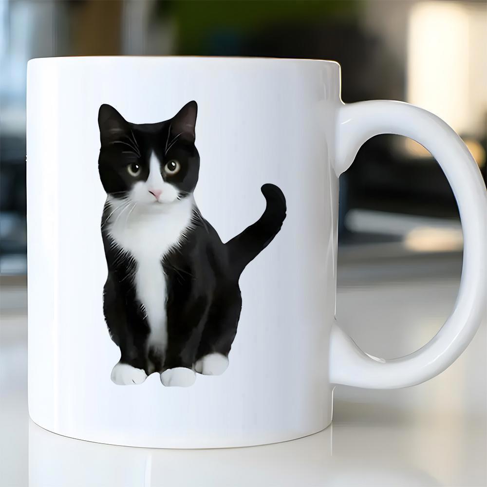 Tailorly White Ceramic 11 oz Mug - Sitting Peacefully With Alert Eyes And Elegant Tuxedo Fur Pattern Cat