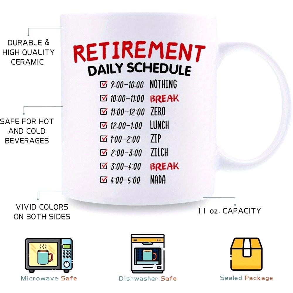 Tailorly White Ceramic 11 oz Mug - Retirement Daily Schedule Humorous Minimalist Checklist Design Featuring Daily Routine For Retired Persons Mug