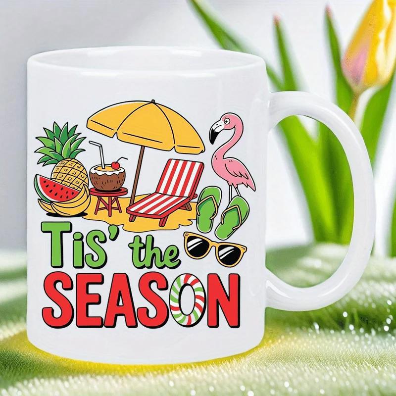 Tailorly White Ceramic 11 oz Mug - Tis The Season Vibrant Tropical Summer Icons Resting Under A Large Yellow Beach Umbrella Flamingo