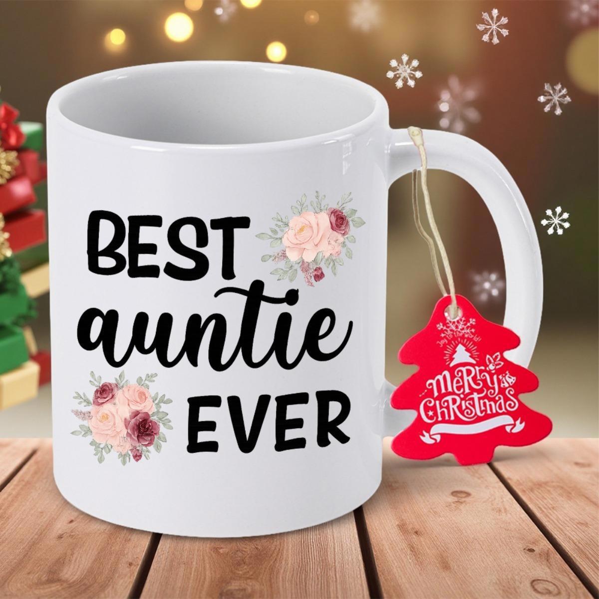 Tailorly White Ceramic 11 oz Mug - Best Auntie Ever Delicate Watercolor Floral Blossoms Nestled Around Elegant Script Lettering Decorative Mug