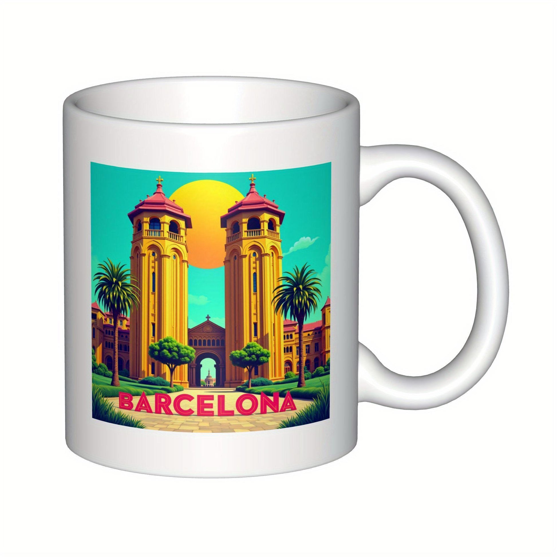 Tailorly White Ceramic 11 oz Mug - Barcelona Vintage Retro Style Illustration With Iconic Architecture Under A Bright Warm Sun Landmark