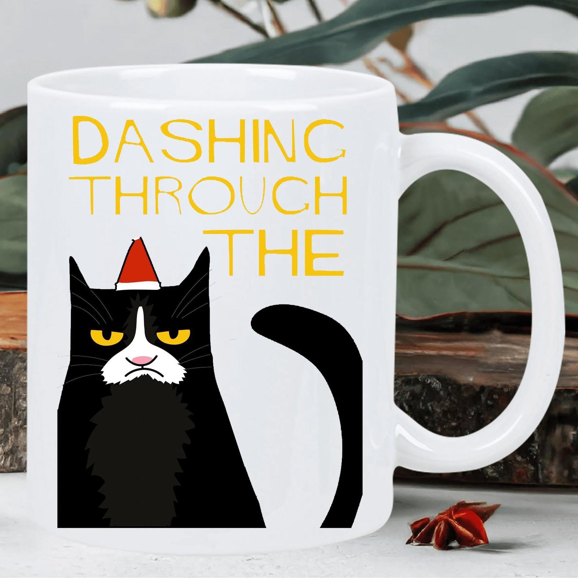 Tailorly White Ceramic 11 oz Mug - Dashing Through The Grumpy Black Tuxedo Cat Wearing Festive Red Santa Hat Cat