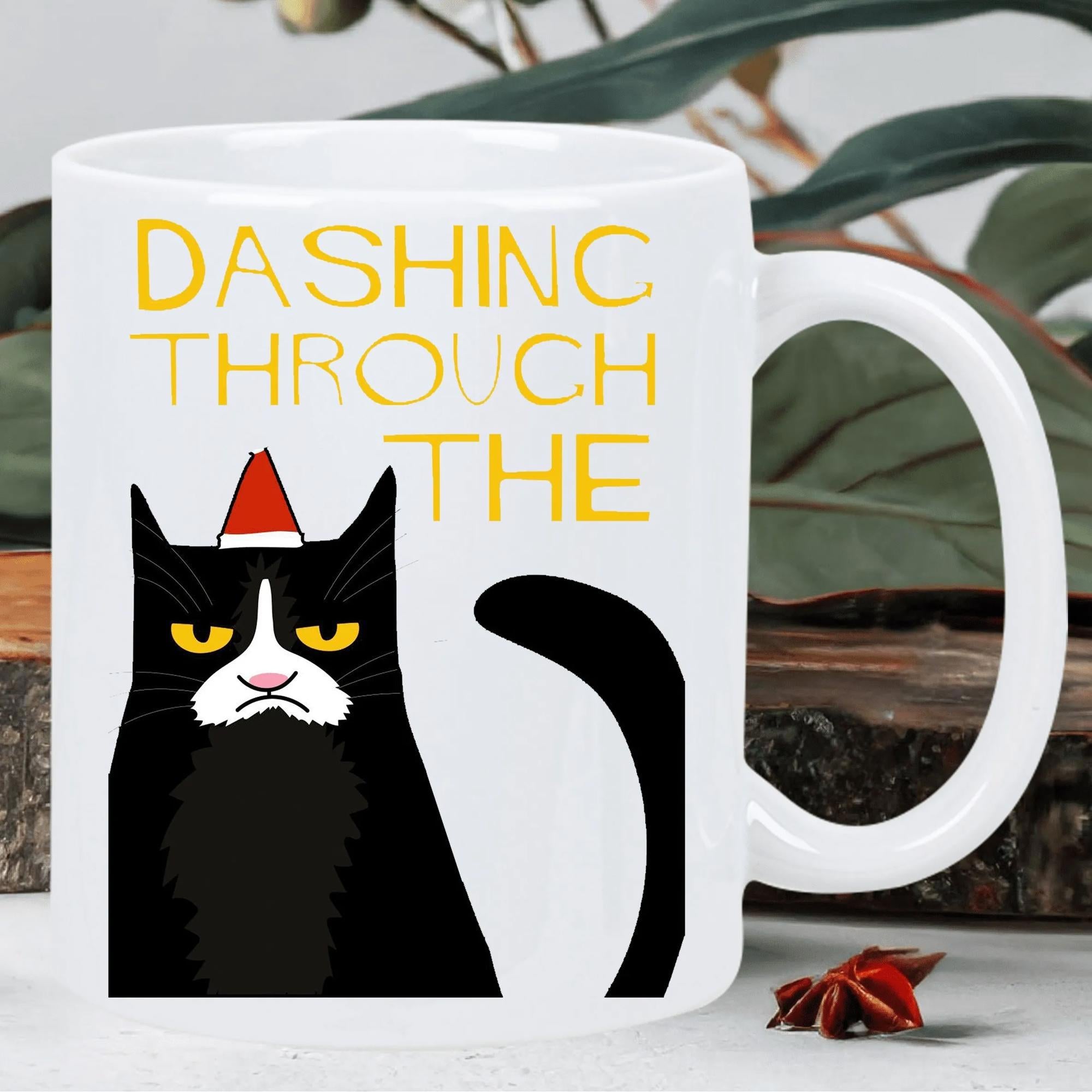 Tailorly White Ceramic 11 oz Mug - Dashing Through The Grumpy Black Tuxedo Cat Wearing Festive Red Santa Hat Cat