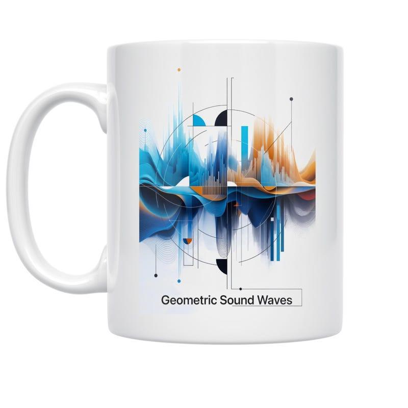 Tailorly White Ceramic 11 oz Mug - Geometric Sound Waves Abstract Dynamic Flow With Blue And Orange Architectural Lines Wave