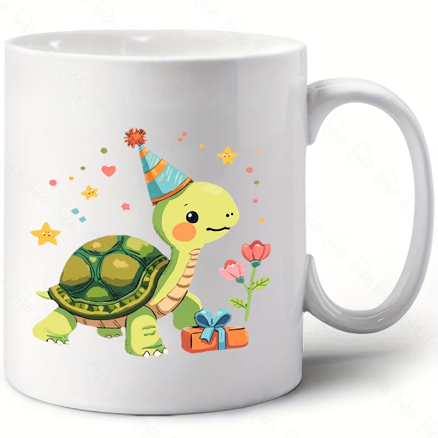 Tailorly White Ceramic 11 oz Mug - Adorable Cartoon Party Character Carrying Gift Box And Pink Flowers Turtle