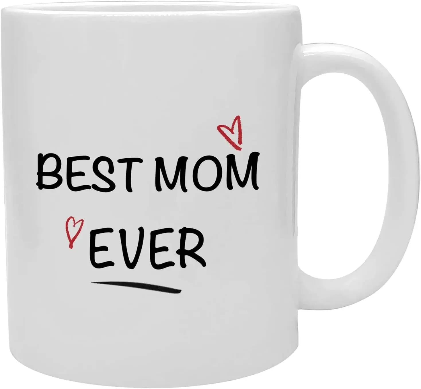Tailorly White Ceramic 11 oz Mug - Best Mom Ever Minimalist Red Hearts Floating Around Simple Elegant Handwritten Typography Mug