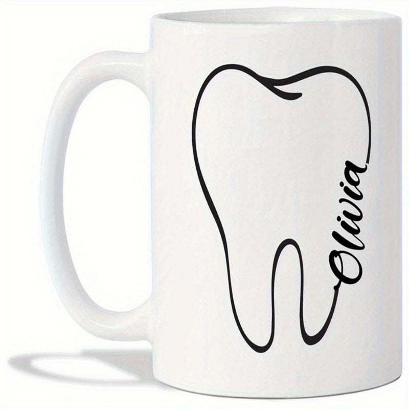 Tailorly White Ceramic 11 oz Mug - Olivia Minimalist Artistic Black Line Drawing Of A Healthy Human Molar Tooth