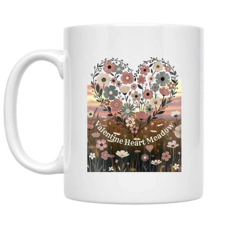 Tailorly White Ceramic 11 oz Mug - Valentine Heart Meadow Blooming Flowers Forming A Heart Over A Serene Sunset Countryside Meadow Heart