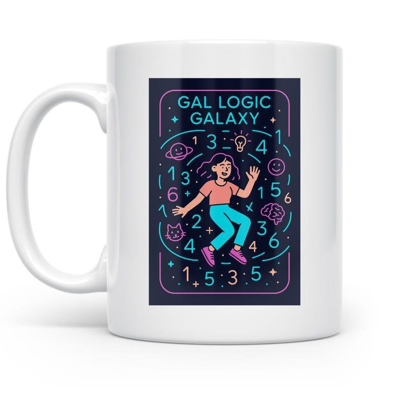 Tailorly White Ceramic 11 oz Mug - Gal Logic Galaxy Whimsical Young Character Floating Amidst Glowing Neon Numbers And Girl
