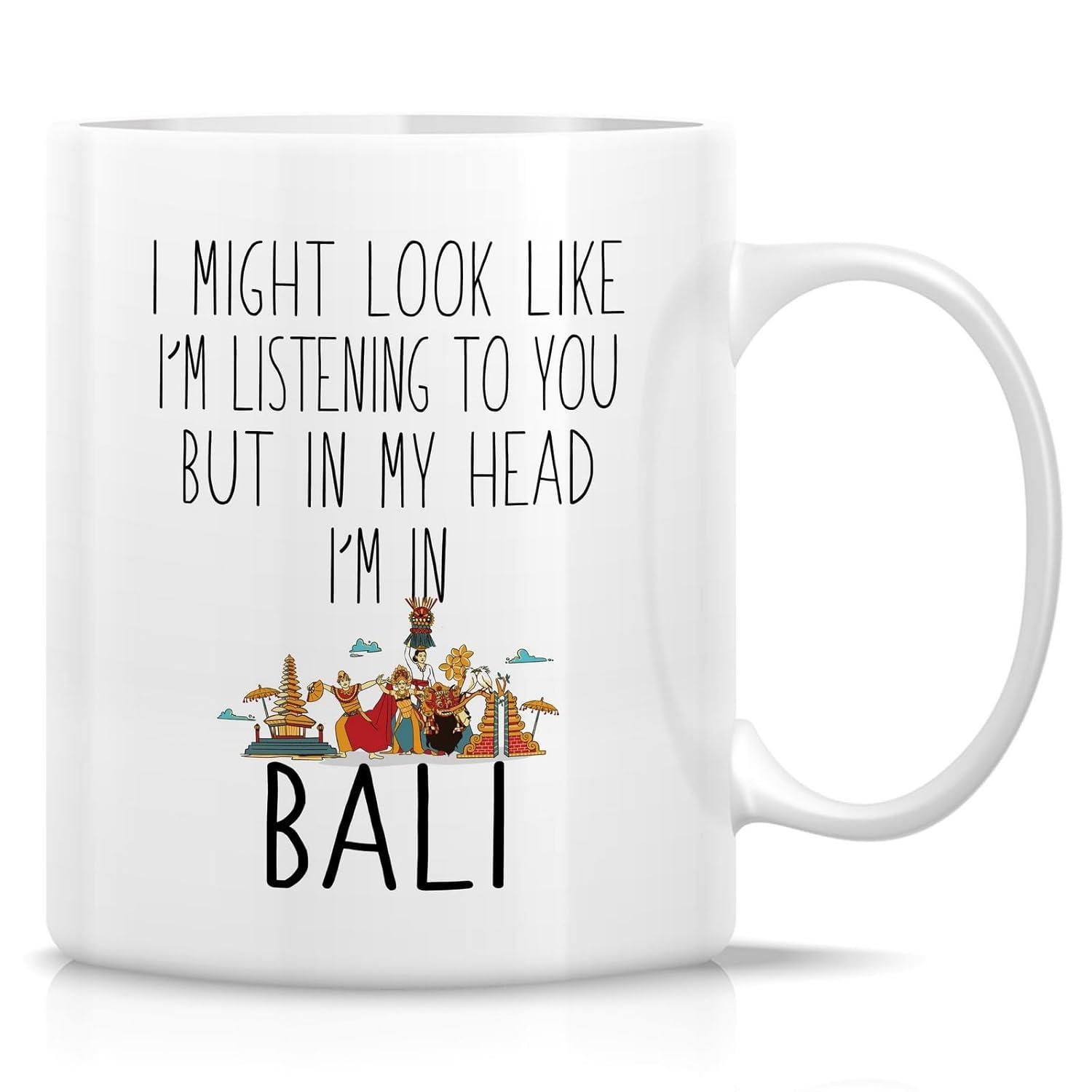 Tailorly White Ceramic 11 oz Mug - I Might Look Like Im Listening To You But In My Head Im In Bali Minimalist Tropical Island Landmarks Displayed On Smooth White