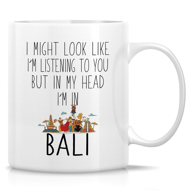 Tailorly White Ceramic 11 oz Mug - I Might Look Like Im Listening To You But In My Head Im In Bali Minimalist Tropical Island Landmarks Displayed On Smooth White