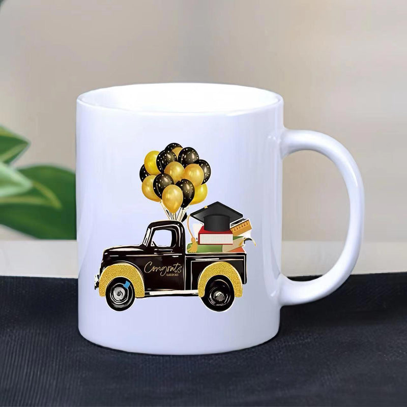 Tailorly White Ceramic 11 oz Mug - Congrats Vintage Black Carrying Graduation Cap Books With Festive Floating Balloons Truck