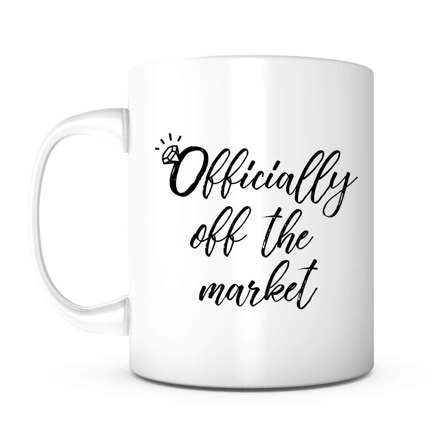 Tailorly White Ceramic 11 oz Mug - Officially Off The Market Elegant Hand Drawn Script Featuring Sparkling Diamond Engagement Ring Symbol Mug