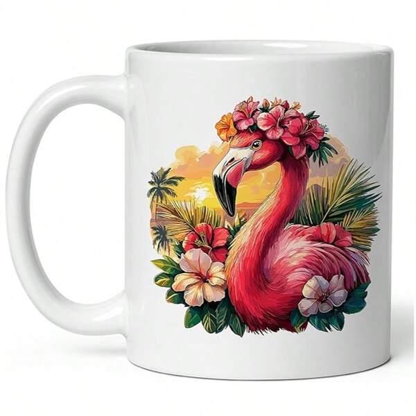 Tailorly White Ceramic 11 oz Mug - Tropical Pink Bird With Floral Crown Surrounded By Vibrant Hibiscus Flowers Flamingo