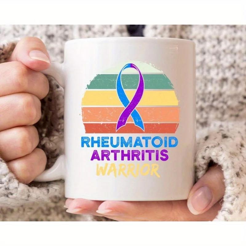 Tailorly White Ceramic 11 oz Mug - Rheumatoid Arthritis Warrior Vibrant Retro Sunset Background Featuring A Medical Awareness Ribbon