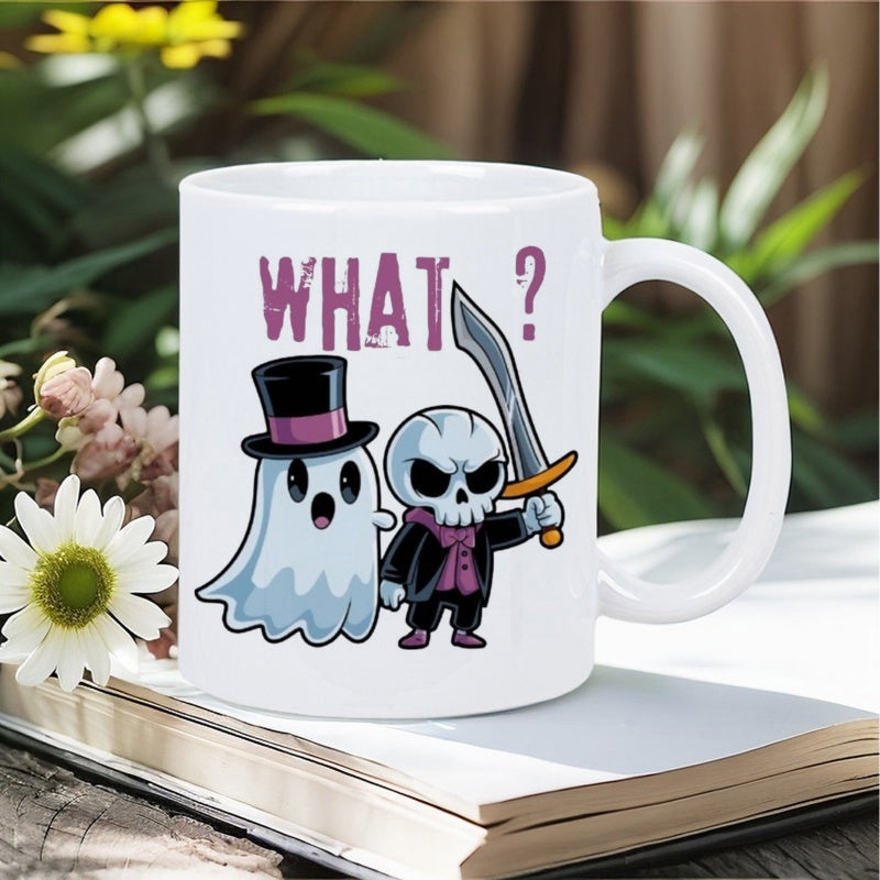 Tailorly White Ceramic 11 oz Mug - What Tiny Spooky Ghost Wearing Top Hat And Little Warrior Skeleton