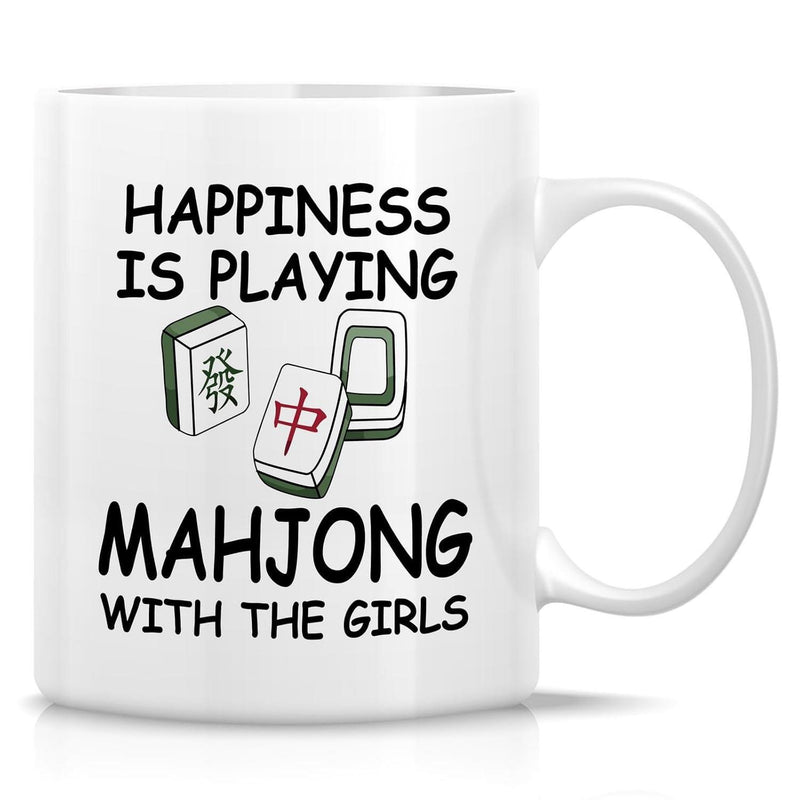 Tailorly White Ceramic 11 oz Mug - Happiness Is Playing Mahjong With The Girls Traditional Chinese Game Tiles Set Against A Clean White Surface Mahjong