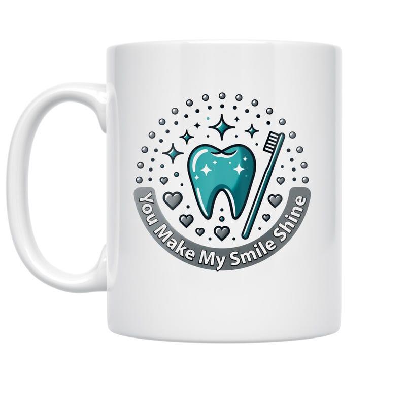 Tailorly White Ceramic 11 oz Mug - You Make My Smile Shine Sparkling Teal Tooth Surrounded By Decorative Stars And A Slim White Toothbrush Tooth