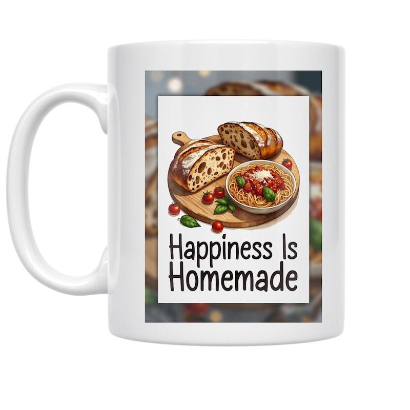 Tailorly White Ceramic 11 oz Mug - Happiness Is Homemade Rustic Artisan Bread With Fresh Tomatoes On A Wooden Board Sourdough