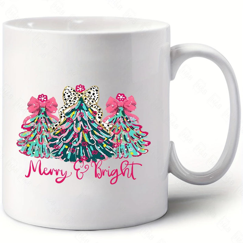 Tailorly White Ceramic 11 oz Mug - Merry Bright Festive Patterned Holiday Foliage Decorated With Beautiful Pink Cheetah Patterned Bows Tree