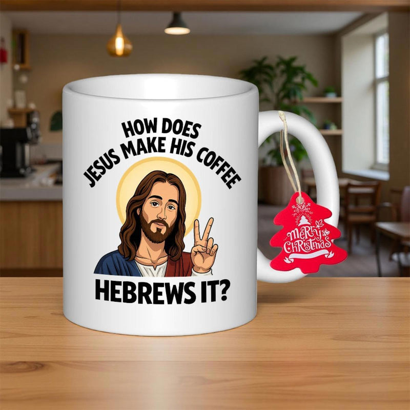 Tailorly White Ceramic 11 oz Mug - How Does Jesus Make His Coffee Hebrews It Classical Religious Illustration With Halo And Peace Sign Gesture Mug