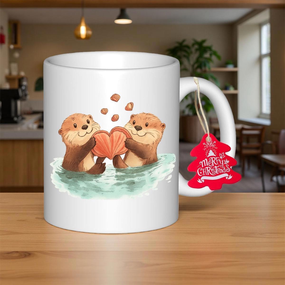 Tailorly White Ceramic 11 oz Mug - Merry Christmas Adorable Pair Floating In Rippling Water Holding Paws Forming Heart Otter