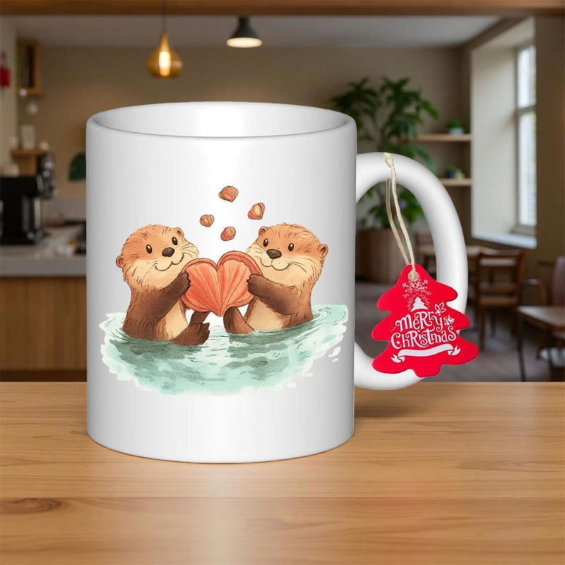 Tailorly White Ceramic 11 oz Mug - Merry Christmas Adorable Pair Floating In Rippling Water Holding Paws Forming Heart Otter