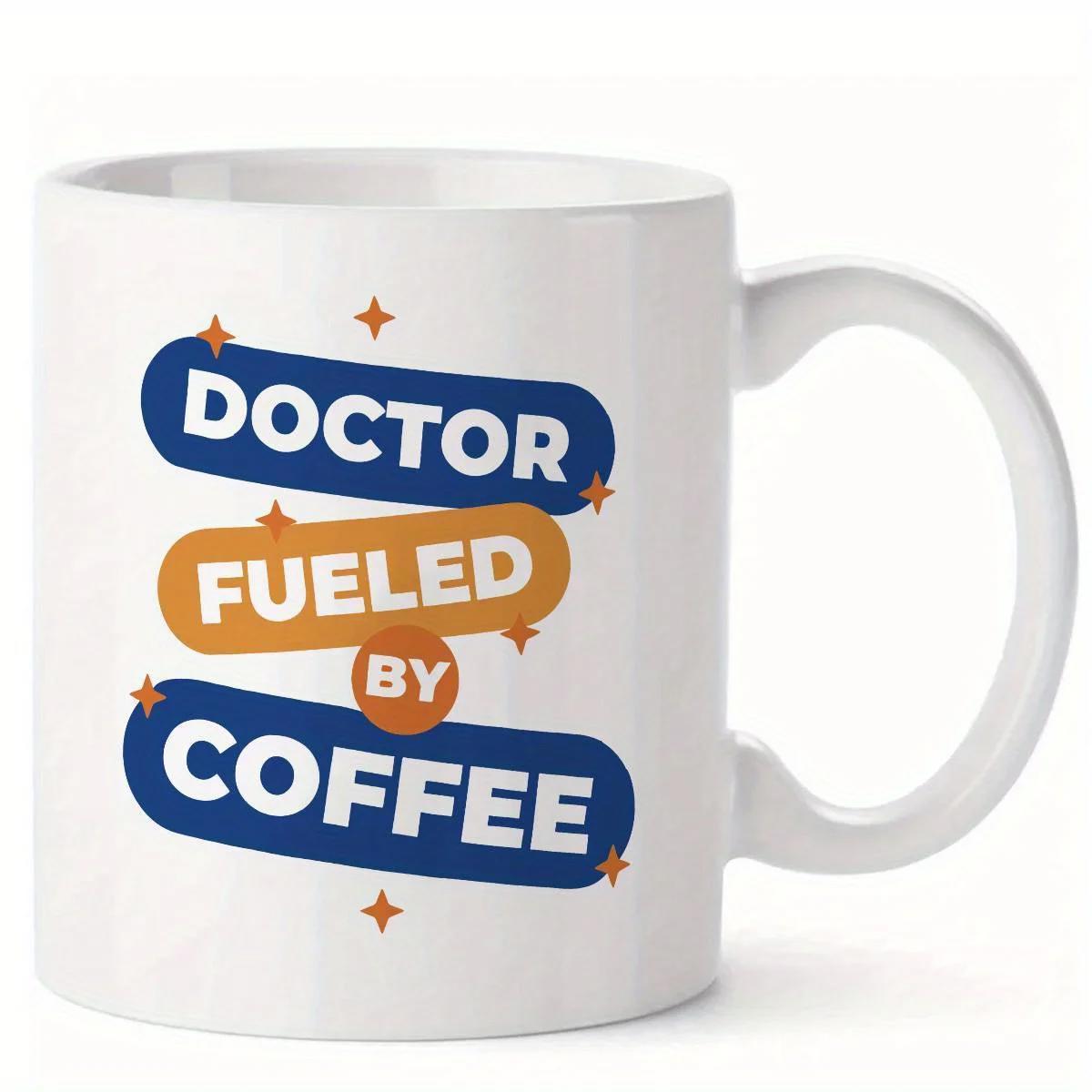 Tailorly White Ceramic 11 oz Mug - Doctor Fueled By Coffee Minimalist Rounded Labels With Small Sparkling Crosses Decorative Mug