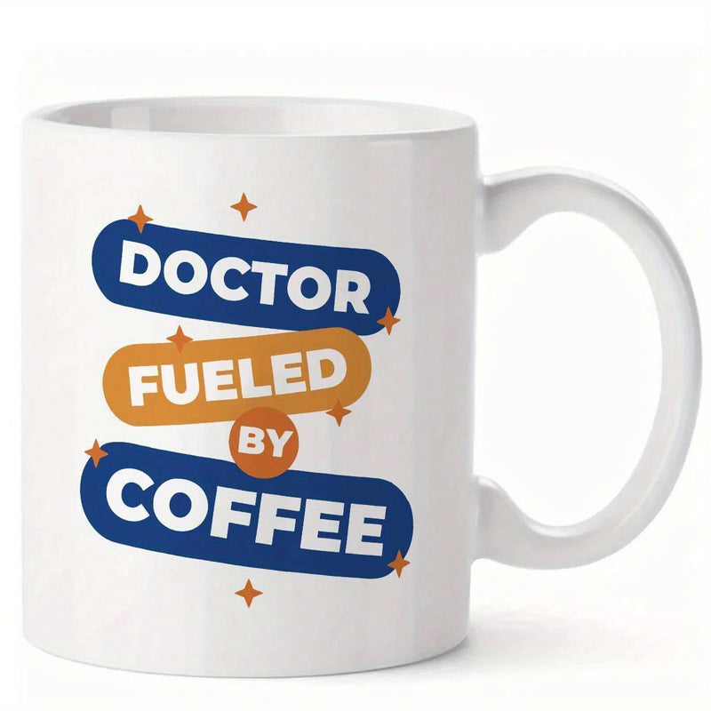 Tailorly White Ceramic 11 oz Mug - Doctor Fueled By Coffee Minimalist Rounded Labels With Small Sparkling Crosses Decorative Mug