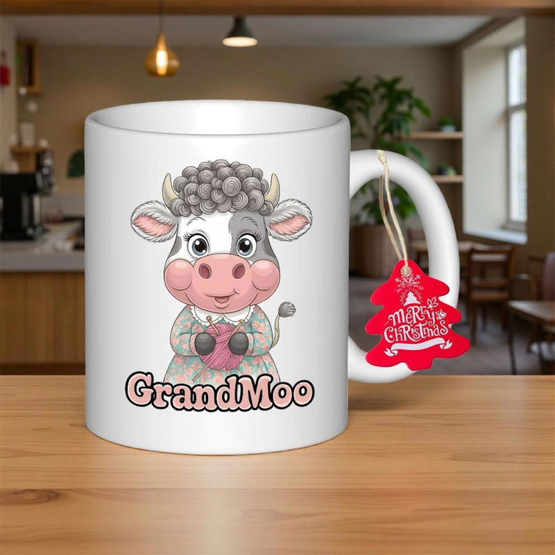 Tailorly White Ceramic 11 oz Mug - GrandMoo Adorable Cartoon Highland Cow With Curly Hair Holding Pink Ball Smiling Cow