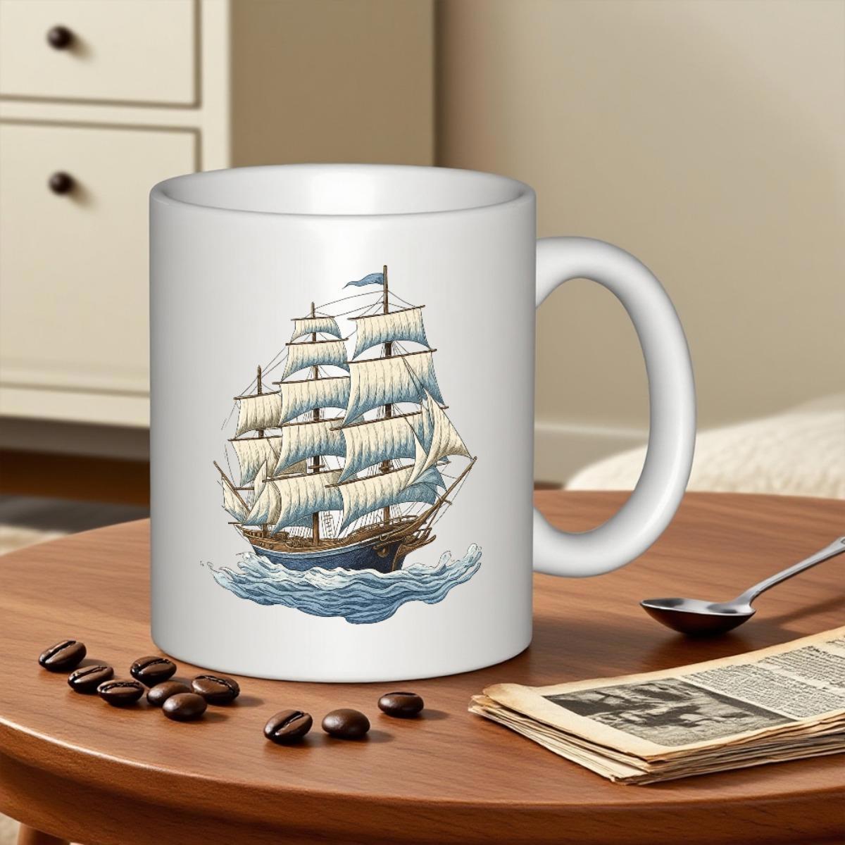 Tailorly White Ceramic 11 oz Mug - Majestic Vintage Vessel With White Sails Gliding Through Crashing Ocean Waves Ship