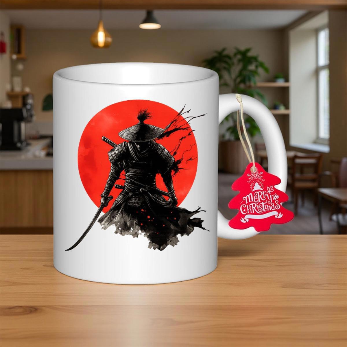 Tailorly White Ceramic 11 oz Mug - Merry Christmas Bold Ink Wash Silhouette Standing In Front Of Red Sun Samurai