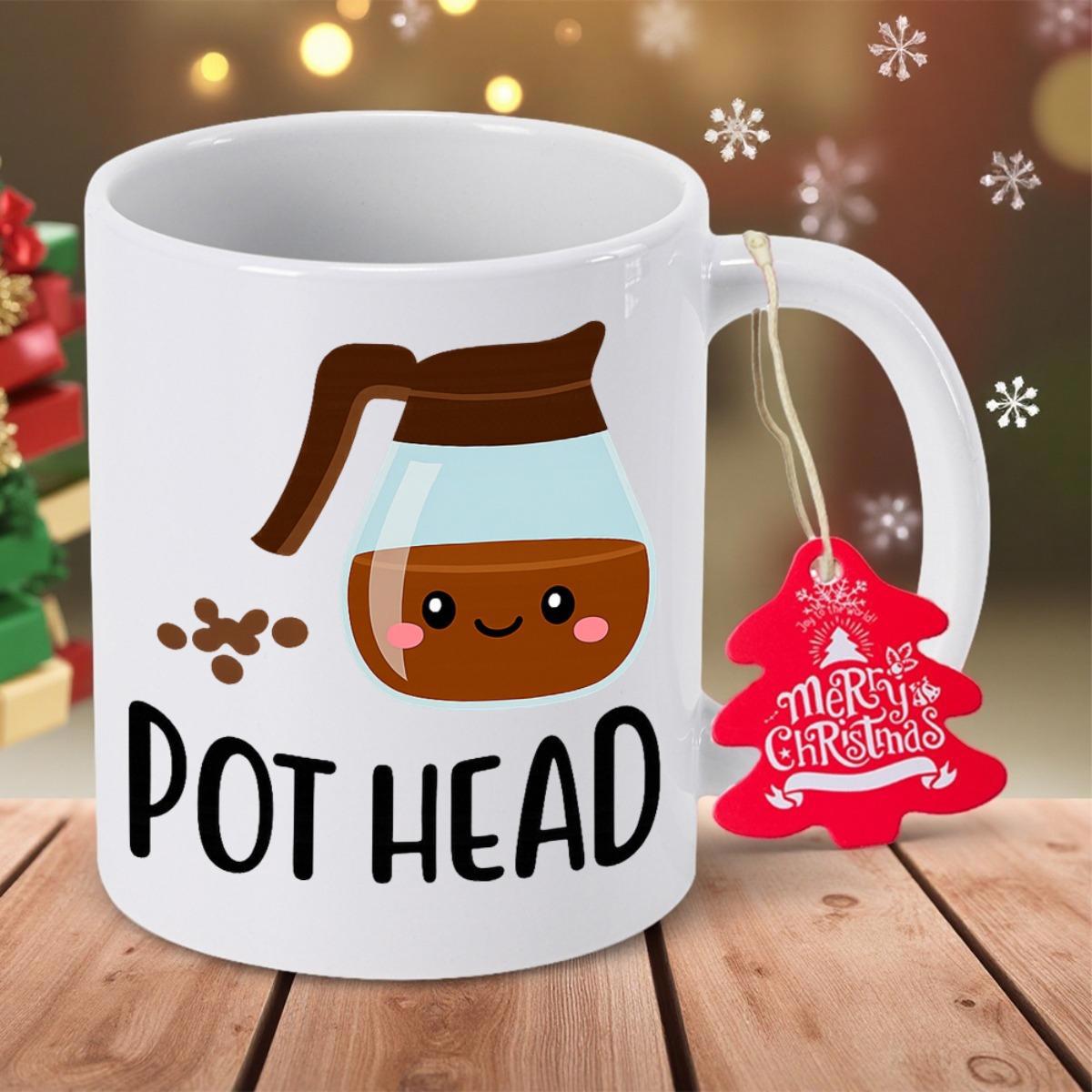 Tailorly White Ceramic 11 oz Mug - Pot Head Merry Christmas Smiling Cute Coffee Pot Character Surrounded By Small Brown Beans Coffee Pot