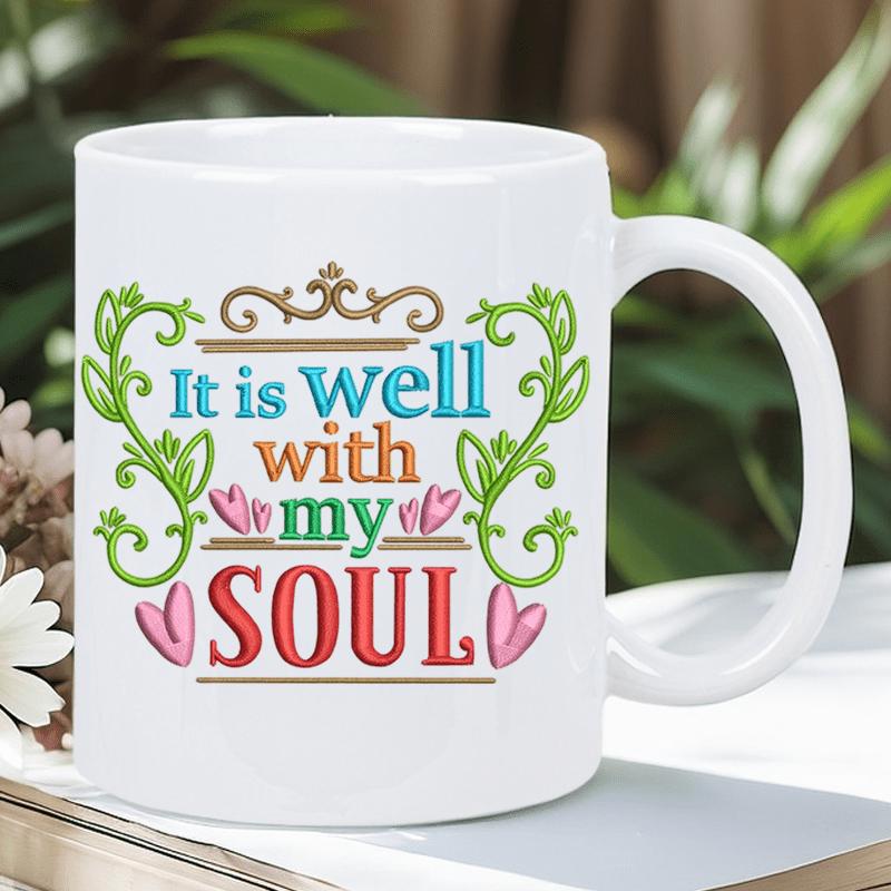 Tailorly White Ceramic 11 oz Mug - It Is Well With My Soul Decorative Green Vines With Charming Pink Hearts And Colorful Typography Art