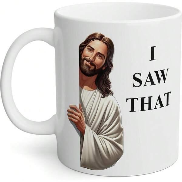 Tailorly White Ceramic 11 oz Mug - I Saw That Peeking From Behind A Corner Wearing White Robes Jesus